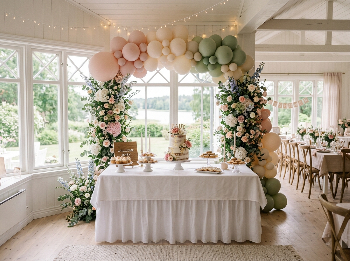 Baby shower dekoration och blommor