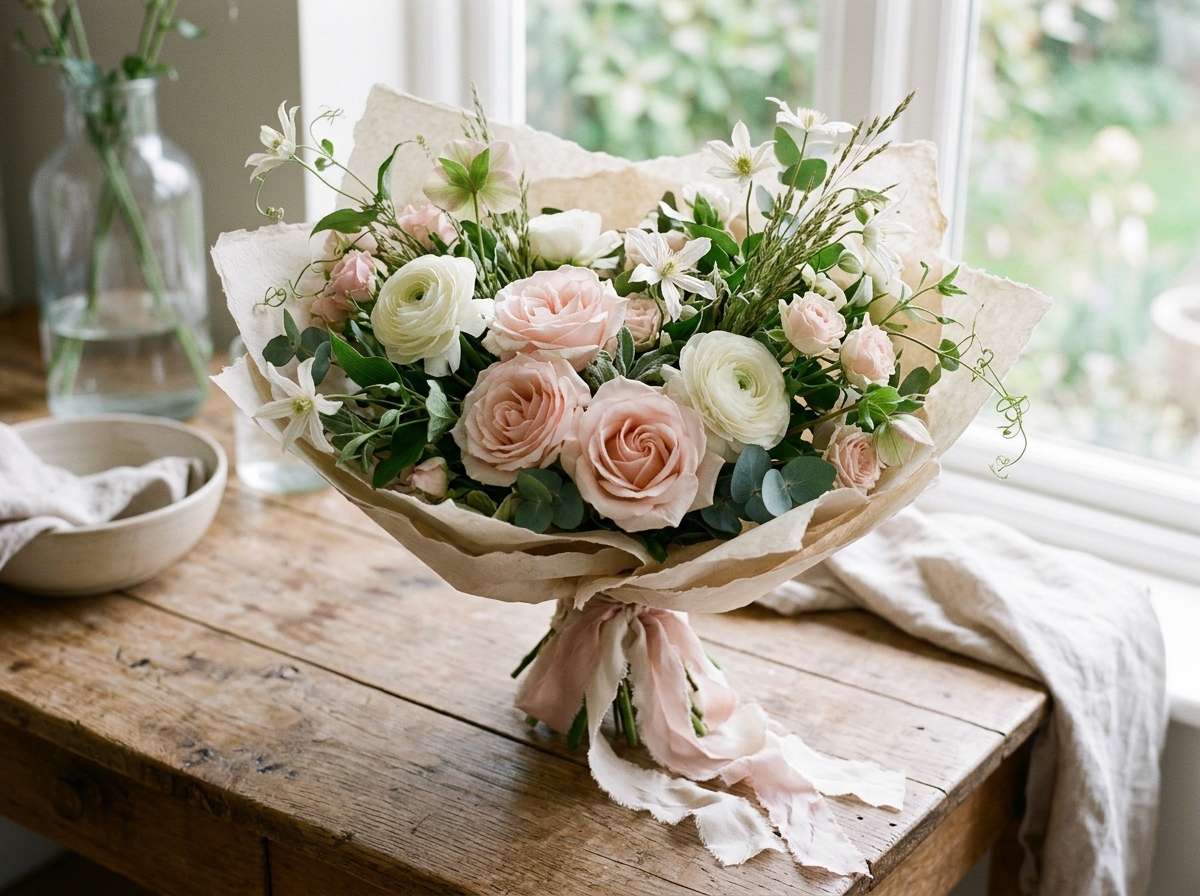 Handbundna buketter och blomsterarrangemang